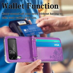 EAXER Design for Samsung Galaxy Z Flip 4 Case, PU Leather Card Slot Folding Case Cover Hand Strap Wallet Case Crossbody Strap Protective Case Cover (Purple)