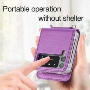 EAXER Design for Samsung Galaxy Z Flip 4 Case, PU Leather Card Slot Folding Case Cover Hand Strap Wallet Case Crossbody Strap Protective Case Cover (Purple)