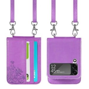 EAXER Design for Samsung Galaxy Z Flip 4 Case, PU Leather Card Slot Folding Case Cover Hand Strap Wallet Case Crossbody Strap Protective Case Cover (Purple)