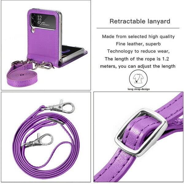 EAXER Design for Samsung Galaxy Z Flip 4 Case, PU Leather Card Slot Folding Case Cover Hand Strap Wallet Case Crossbody Strap Protective Case Cover (Purple)