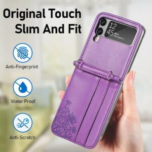 EAXER Design for Samsung Galaxy Z Flip 4 Case, PU Leather Card Slot Folding Case Cover Hand Strap Wallet Case Crossbody Strap Protective Case Cover (Purple)