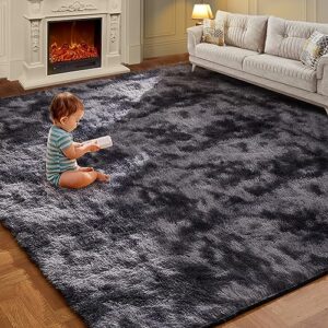 luxury 8x10 large area rugs for living room, super soft fluffy modern bedroom rug, big indoor thick soft nursery rug, non-skid nursery faux fur carpet for kids room home décor, tie-dyed dark gray