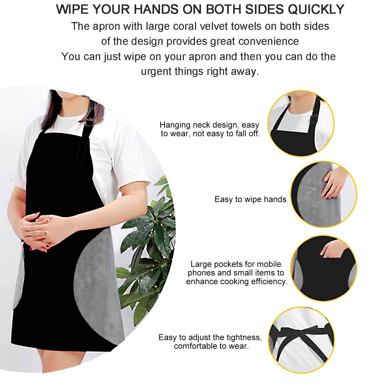 2 PCS Aprons for Women Men Kitchen Aprons with Pockets for BBQ Kitchen Cooking Baking Crafting Restaurant (black)