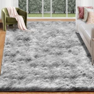 luxury 8x10 large area rugs for living room, super soft fluffy modern bedroom rug, big indoor thick soft nursery rug, non-skid nursery faux fur carpet for kids room home décor，tie-dyed light grey