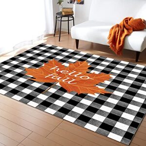 area rug for bedroom living room decor,thanksgiving fall maple leaves ultra soft non-slip accent rugs indoor large floor carpet white and black buffalo plaid non-shedding nursery floor mat,60x82in