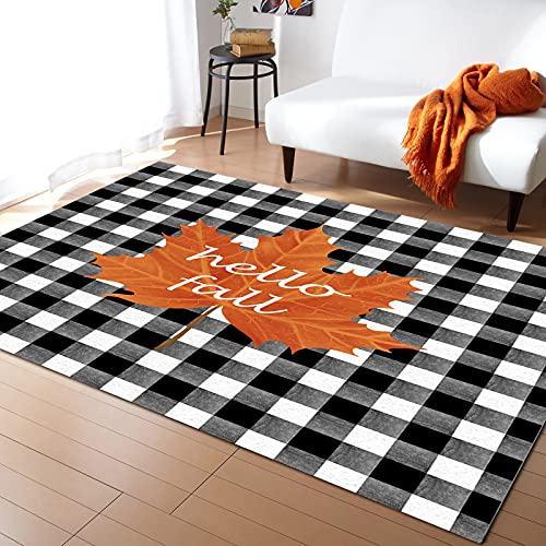 Area Rug for Bedroom Living Room Decor,Thanksgiving Fall Maple Leaves Ultra Soft Non-Slip Accent Rugs Indoor Large Floor Carpet White and Black Buffalo Plaid Non-Shedding Nursery Floor Mat,60x82in