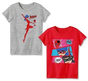 miraculous ladybug girls t-shirts 2-pack, ladybug cat noir rena rouge short sleeve tees 2-pack bundle set for girls (red/grey, size 10/12)