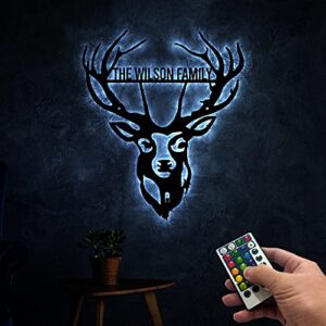 hussio personalized deer metal wall art with led lights, custom family name sign, deer decoration, living room decor, gift for dad deer hunter gift
