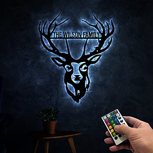 HUSSIO Personalized Deer Metal Wall Art With Led Lights, Custom Family Name Sign, Deer Decoration, Living Room Decor, Gift For Dad Deer Hunter Gift