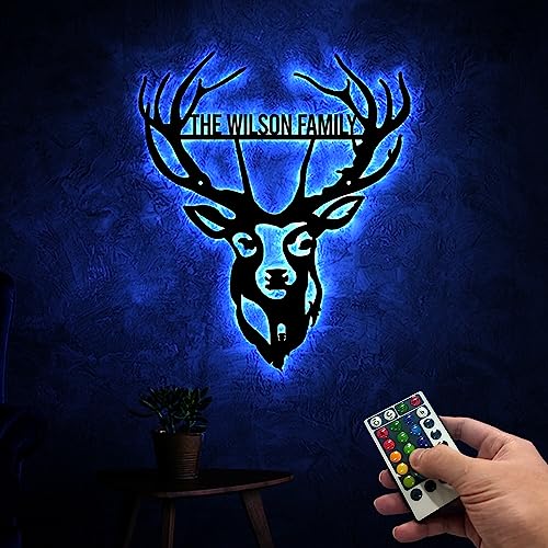 HUSSIO Personalized Deer Metal Wall Art With Led Lights, Custom Family Name Sign, Deer Decoration, Living Room Decor, Gift For Dad Deer Hunter Gift