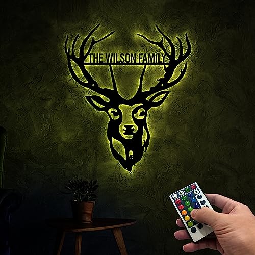 HUSSIO Personalized Deer Metal Wall Art With Led Lights, Custom Family Name Sign, Deer Decoration, Living Room Decor, Gift For Dad Deer Hunter Gift