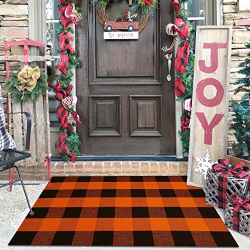 KILOCOCO Halloween Doormat 2.3'x3.6' Buffalo Plaid Rug Outdoor Rugs for Thanksgiving Washable Fall Doormat Layered Front Door Mat for Porch/Farmhouse/Entryway/Patio Orange Rug Christmas Decor