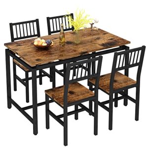 Lamerge Kitchen Table and Chairs Set, Industrial 5 Piece Dining Table Set Wooden Table and 4 Chairs with Backrest, 4 People Dining Table Set for Dining Room, Living Room, Restaurant- Rustic Brown