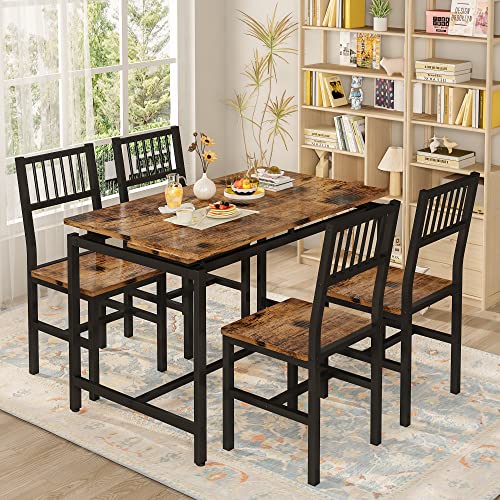 Lamerge Kitchen Table and Chairs Set, Industrial 5 Piece Dining Table Set Wooden Table and 4 Chairs with Backrest, 4 People Dining Table Set for Dining Room, Living Room, Restaurant- Rustic Brown