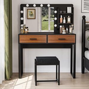 semiocthome vanity desk with mirror and 10 led lights, 39.4"w makeup desk with 2 big drawers and side shelves for storage, girl's dressing table with metal frame, corner makeup table with chair- brown