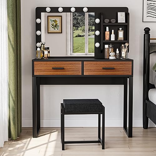 Semiocthome Vanity Desk with Mirror and 10 LED Lights, 39.4"W Makeup Desk with 2 Big Drawers and Side Shelves for Storage, Girl's Dressing Table with Metal Frame, Corner Makeup Table with Chair- Brown