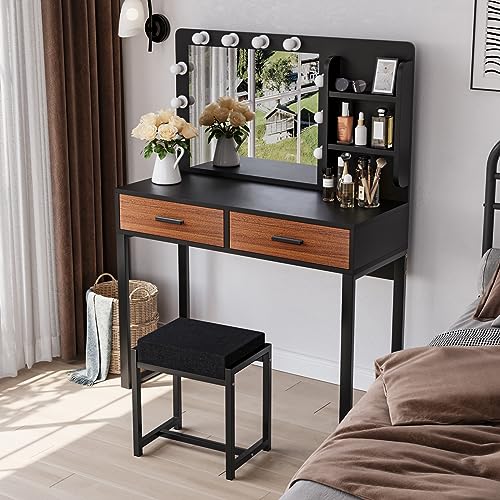 Semiocthome Vanity Desk with Mirror and 10 LED Lights, 39.4"W Makeup Desk with 2 Big Drawers and Side Shelves for Storage, Girl's Dressing Table with Metal Frame, Corner Makeup Table with Chair- Brown