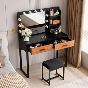 Semiocthome Vanity Desk with Mirror and 10 LED Lights, 39.4"W Makeup Desk with 2 Big Drawers and Side Shelves for Storage, Girl's Dressing Table with Metal Frame, Corner Makeup Table with Chair- Brown