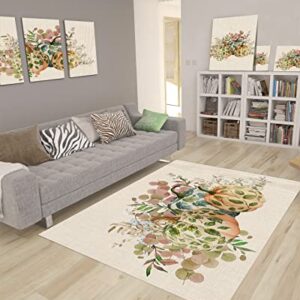 Leaves Pumpkins Large Rectangular Area Rugs 5' x 7' Living Room, Durable Non Slip Rug Carpet Floor Mat for Bedroom Bedside Outdoor Fall Thanksgiving Green Eucalyptus Burlap