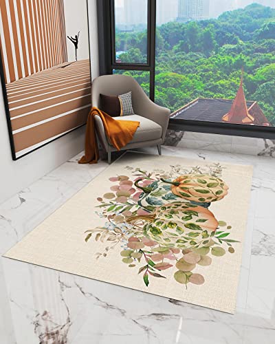 Leaves Pumpkins Large Rectangular Area Rugs 5' x 7' Living Room, Durable Non Slip Rug Carpet Floor Mat for Bedroom Bedside Outdoor Fall Thanksgiving Green Eucalyptus Burlap