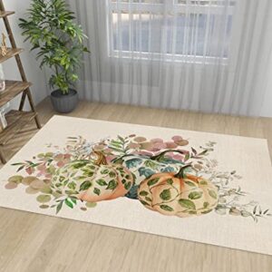 Leaves Pumpkins Large Rectangular Area Rugs 5' x 7' Living Room, Durable Non Slip Rug Carpet Floor Mat for Bedroom Bedside Outdoor Fall Thanksgiving Green Eucalyptus Burlap