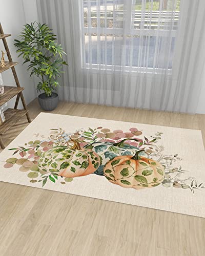 Leaves Pumpkins Large Rectangular Area Rugs 5' x 7' Living Room, Durable Non Slip Rug Carpet Floor Mat for Bedroom Bedside Outdoor Fall Thanksgiving Green Eucalyptus Burlap