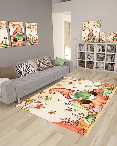 Boho Gnome Pumpkin Large Rectangular Area Rugs 5' x 8' Living Room, Durable Non Slip Rug Carpet Floor Mat for Bedroom Bedside Outdoor Thanksgiving Fall Harvest Autumn Leaf