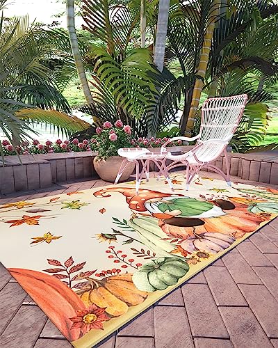 Boho Gnome Pumpkin Large Rectangular Area Rugs 5' x 8' Living Room, Durable Non Slip Rug Carpet Floor Mat for Bedroom Bedside Outdoor Thanksgiving Fall Harvest Autumn Leaf