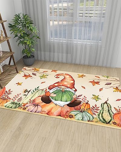 Boho Gnome Pumpkin Large Rectangular Area Rugs 5' x 8' Living Room, Durable Non Slip Rug Carpet Floor Mat for Bedroom Bedside Outdoor Thanksgiving Fall Harvest Autumn Leaf