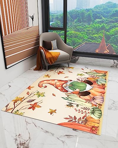 Boho Gnome Pumpkin Large Rectangular Area Rugs 5' x 8' Living Room, Durable Non Slip Rug Carpet Floor Mat for Bedroom Bedside Outdoor Thanksgiving Fall Harvest Autumn Leaf