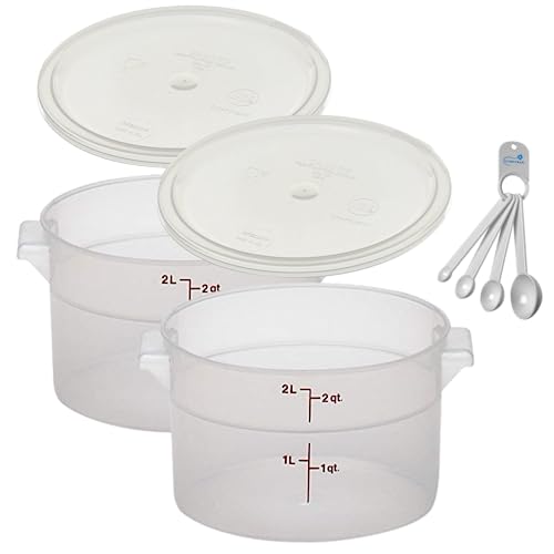 Lumintrail Cambro 2 Quart Round Food Storage Container, 2-Pack Translucent, with a Translucent Lid, Bundle with a Measuring Spoon Set