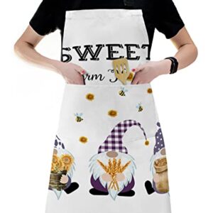 LAMANDA Kitchen Aprons for Women,Gnome Sunflower Bumblebee Buffalo Check Cooking Apron with Pockets Server Aprons Chef Apron for Men