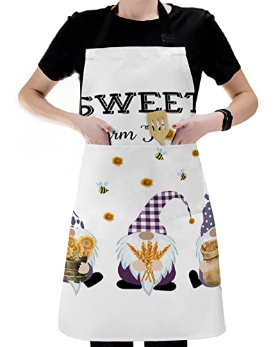 LAMANDA Kitchen Aprons for Women,Gnome Sunflower Bumblebee Buffalo Check Cooking Apron with Pockets Server Aprons Chef Apron for Men