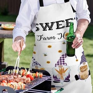 LAMANDA Kitchen Aprons for Women,Gnome Sunflower Bumblebee Buffalo Check Cooking Apron with Pockets Server Aprons Chef Apron for Men