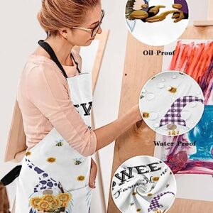 LAMANDA Kitchen Aprons for Women,Gnome Sunflower Bumblebee Buffalo Check Cooking Apron with Pockets Server Aprons Chef Apron for Men