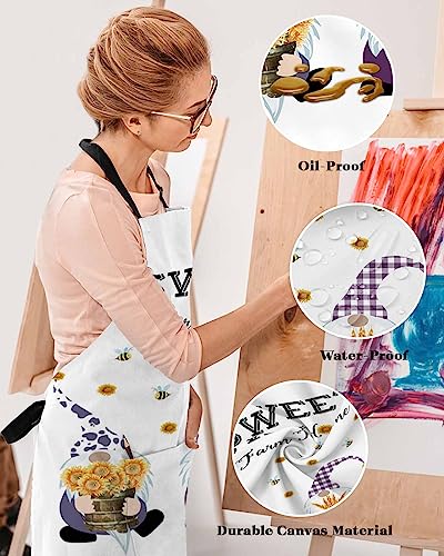 LAMANDA Kitchen Aprons for Women,Gnome Sunflower Bumblebee Buffalo Check Cooking Apron with Pockets Server Aprons Chef Apron for Men