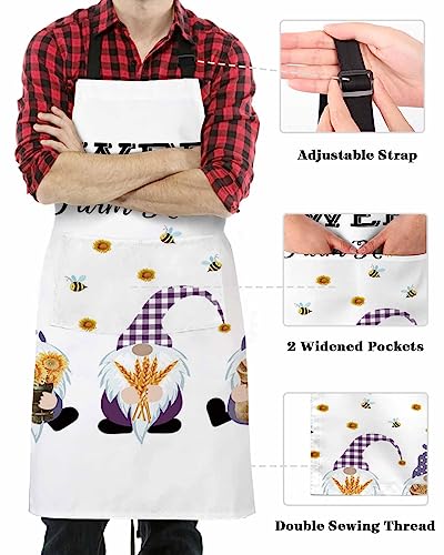 LAMANDA Kitchen Aprons for Women,Gnome Sunflower Bumblebee Buffalo Check Cooking Apron with Pockets Server Aprons Chef Apron for Men