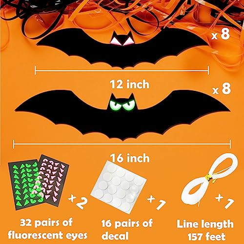 16Pcs Halloween Decorations Scary Black Bat with Glowing Eyes Hanging Decor Party Decor for Home Yard Sign Outdoor Lawn