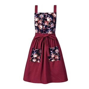 pinknoke vintage pinafore apron dress for women with pockets cute floral chef aprons for kitchen cooking baking gardening (claret)