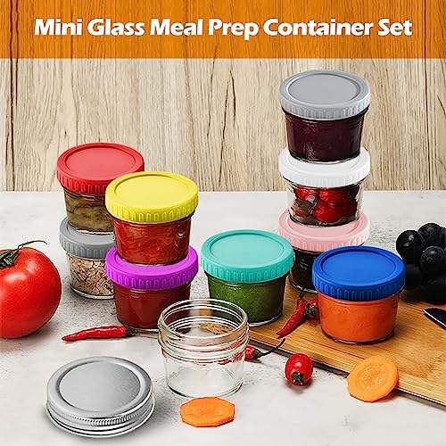 KPWIN 8 Pcs Salad Dressing Container To Go, 2.5 oz Small Condiment Containers with Lids, Reusable Mini Glass Food Storage Containers Dipping Sauce Cups with Lids Leakproof for Lunch Box Picnic Travel