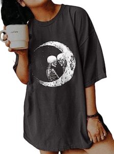 y2k moon skull skeleton oversized t shirt bleached halloween funny graphic vintage tees for women girls casual summer loose round neck short sleeve tops-l