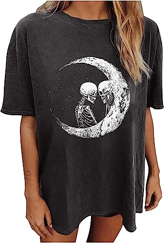 Y2K Moon Skull Skeleton Oversized T Shirt Bleached Halloween Funny Graphic Vintage Tees for Women Girls Casual Summer Loose Round Neck Short Sleeve Tops-L