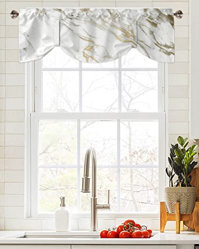 Tie Up Valance Curtain for Kitchen,Abstract White Marble Gold Inlay Rod Pocket Short Curtains Adjustable Tie-Up Shade Valances,Modern Simple Geometric Window Treatment for Bathroom Bedroom 60x18in