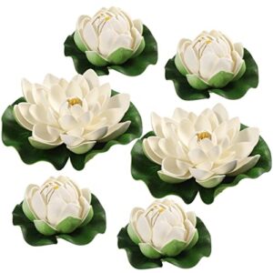 ciieeo 6pcs artificial floating pool flowers realistic lotus flowers with water lily pads floating flowers for pool patio garden aquarium decor white two size