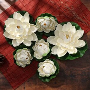 Ciieeo 6PCS Artificial Floating Pool Flowers Realistic Lotus Flowers with Water Lily Pads Floating Flowers for Pool Patio Garden Aquarium Decor White Two Size