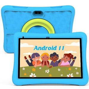aheadthink kids tablet, 10 inch tablet, 64 + 512gb rom expansion android 11 kids bt, wifi, gms, parental controls, eva shockproof case, education, games. (blue case)