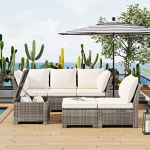 optough patio 6-piece outdoor set, pe wicker rattan sofa with 2 corner, 2 single chairs, 1 ottoman and 1 storage table, all-weather conversational furniture, beige