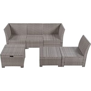 OPTOUGH Patio 6-Piece Outdoor Set, PE Wicker Rattan Sofa with 2 Corner, 2 Single Chairs, 1 Ottoman and 1 Storage Table, All-Weather Conversational Furniture, Beige