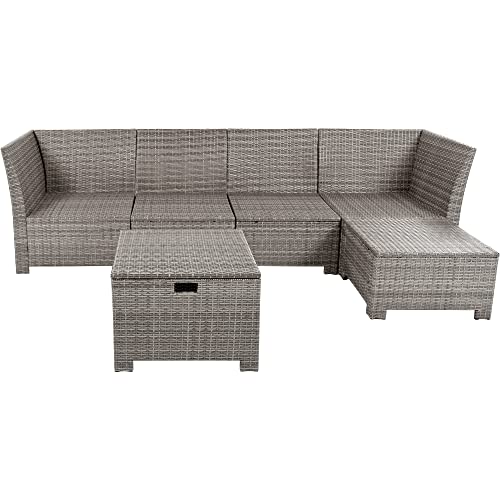 OPTOUGH Patio 6-Piece Outdoor Set, PE Wicker Rattan Sofa with 2 Corner, 2 Single Chairs, 1 Ottoman and 1 Storage Table, All-Weather Conversational Furniture, Beige