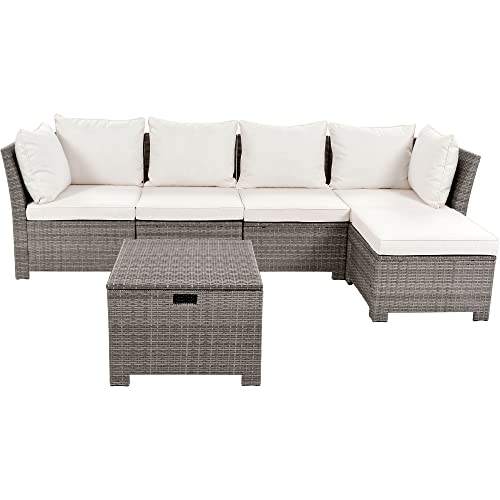 OPTOUGH Patio 6-Piece Outdoor Set, PE Wicker Rattan Sofa with 2 Corner, 2 Single Chairs, 1 Ottoman and 1 Storage Table, All-Weather Conversational Furniture, Beige